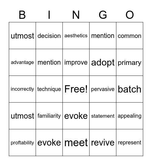 English Bingo Wordlist A Bingo Card
