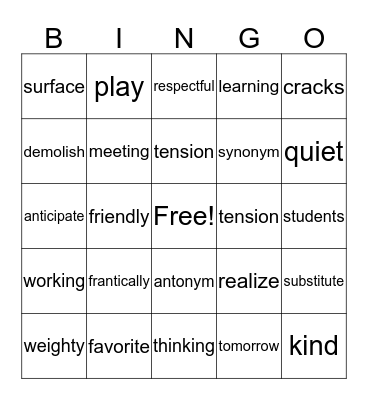 Vocabulary Bingo~ Bingo Card