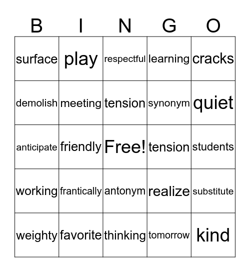 Vocabulary Bingo~ Bingo Card