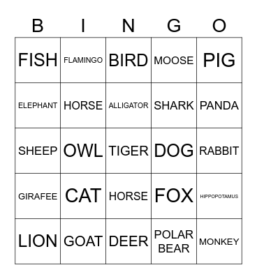 ANIMALS Bingo Card