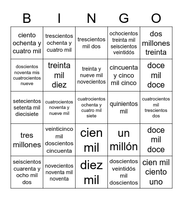 Numeración Bingo Card