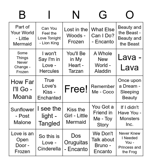 Disney Love Songs Bingo Card