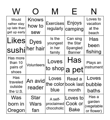 Cook Park Women Bingo Card