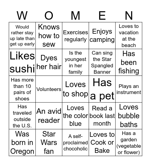 Cook Park Women Bingo Card