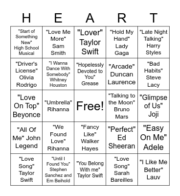 Love Song Bingo! Bingo Card