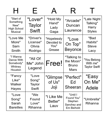 Love Song Bingo! Bingo Card