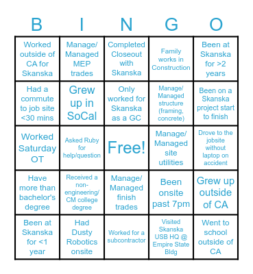 SKANSKA P.E. BINGO 2023 Bingo Card