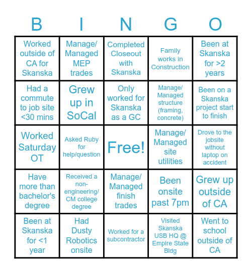 SKANSKA P.E. BINGO 2023 Bingo Card