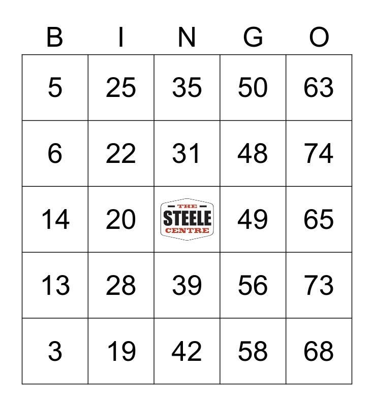 Steele Centre Pub Number Bingo 175 Bingo Card