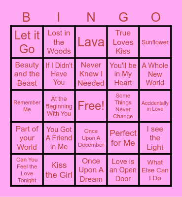 Disney Love Song Bingo Card