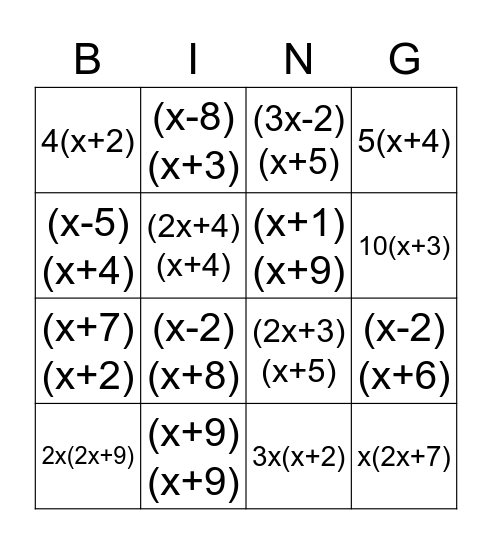 FACTORING BING Bingo Card