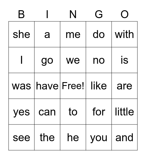 Sight Word Bingo Card