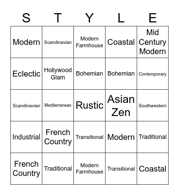 Interior Design Styles Bingo Card