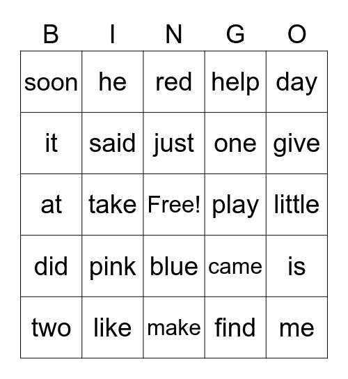 Sight Words Bingo Card