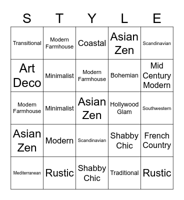 Interior Design Styles Bingo Card