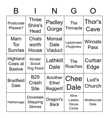 Derbyshire & Peak District Walks Bingo Card