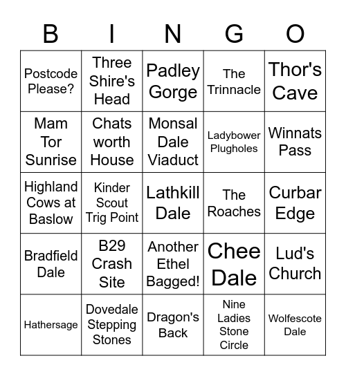 Derbyshire & Peak District Walks Bingo Card