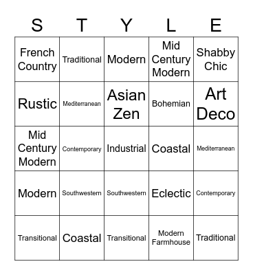 Interior Design Styles Bingo Card