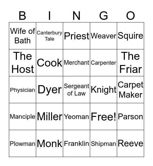 PILGRAMS FROM THE CANTERBURY TALES Bingo Card