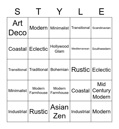 Interior Design Styles Bingo Card