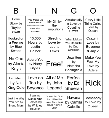 Valentine's Song Bingo Card