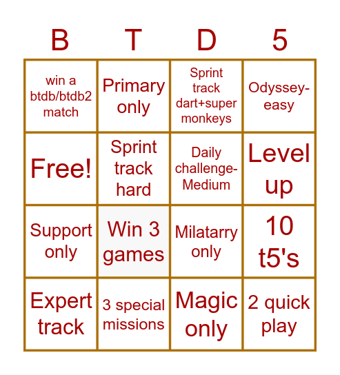 Bloons td 5 challenges bingo Card