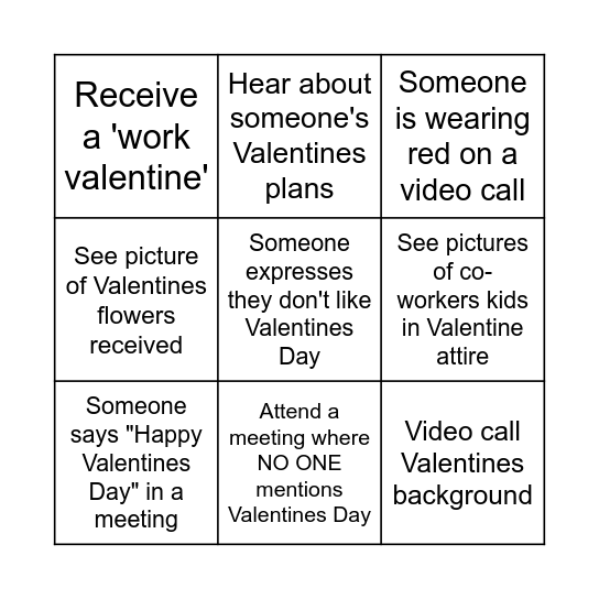Valentines Day @Work Bingo Card