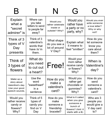 Speech Therapy Bingo for Valentine's Day Bingo Card