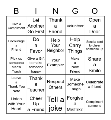 Random Acts of Kindness Bingo Card