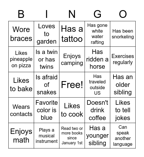 Getting to Know You Bingo Card