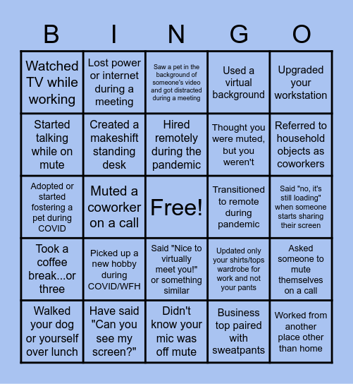 Remote Work Bingo Card