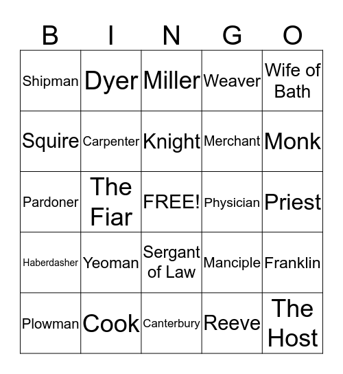 Pilgrams from the Canterbury Tales Bingo Card