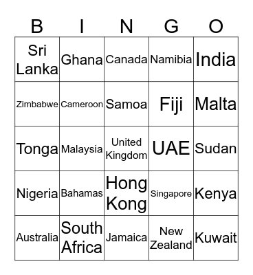 British Empire Bingo Card