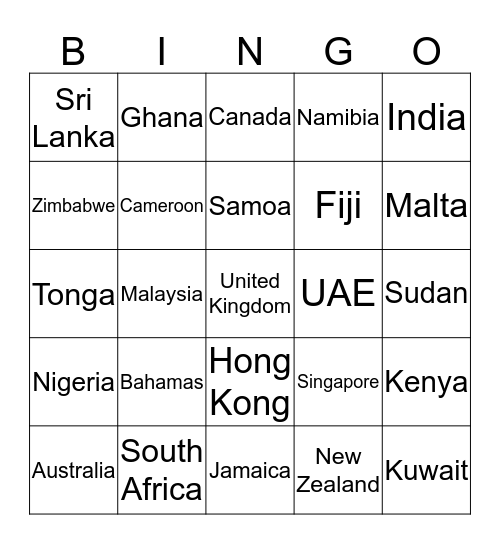 British Empire Bingo Card