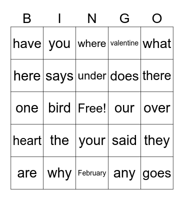 Valentine's Day Sight Word Bingo Card