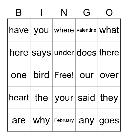 Valentine's Day Sight Word Bingo Card