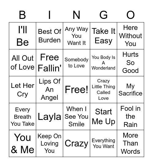 Rock Love Songs Bingo Card