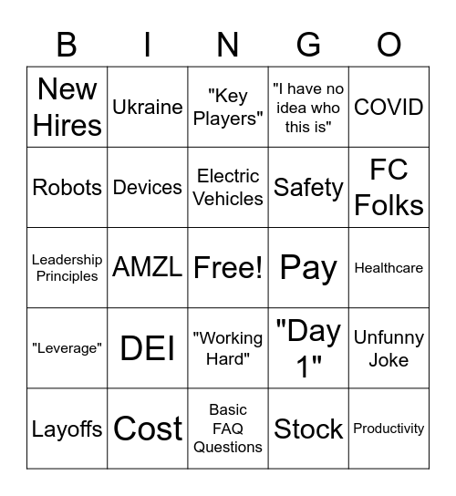 All Hands Bingo Card