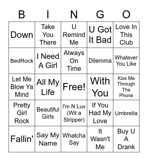 R&B Love Songs Bingo Card