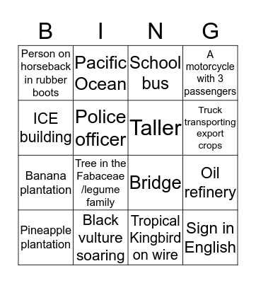 Costa Rica Car Bingo Card