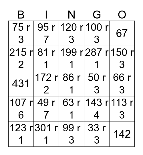 Long Division  Bingo Card
