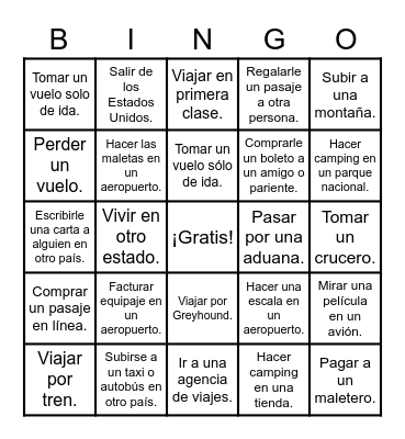 De Viaje (pretérito) Bingo Card