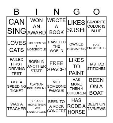 LIFE EXPERIENCES BINGO Card