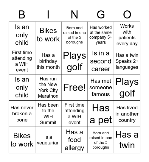 WIH New York Metro Chapter Bingo! Bingo Card