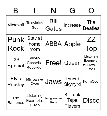 Ruckdaddy's 70's Music Bingo Card