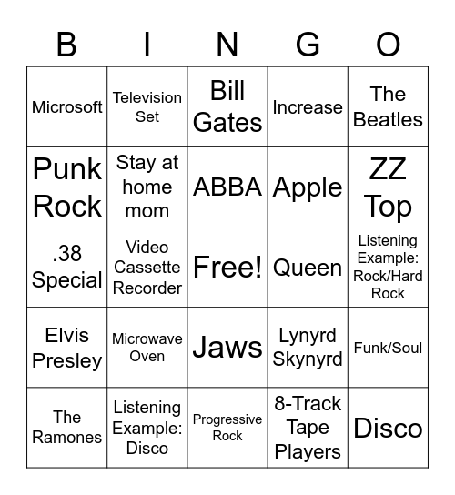 Ruckdaddy's 70's Music Bingo Card