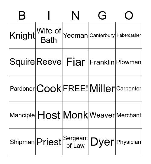 Pilgrams from the Canterbury Tales Bingo Card