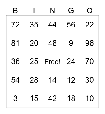 Multiplication Bingo! Bingo Card