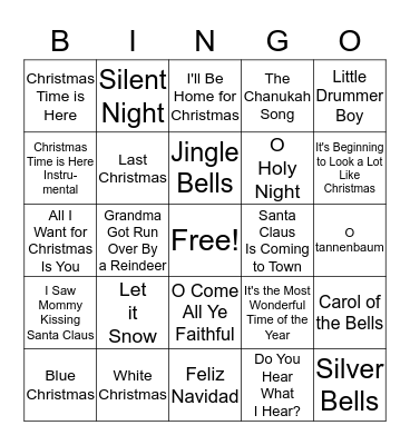Holiday Song Bingo Card