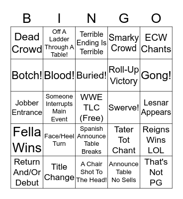 WWE TLC 2016 Bingo Card